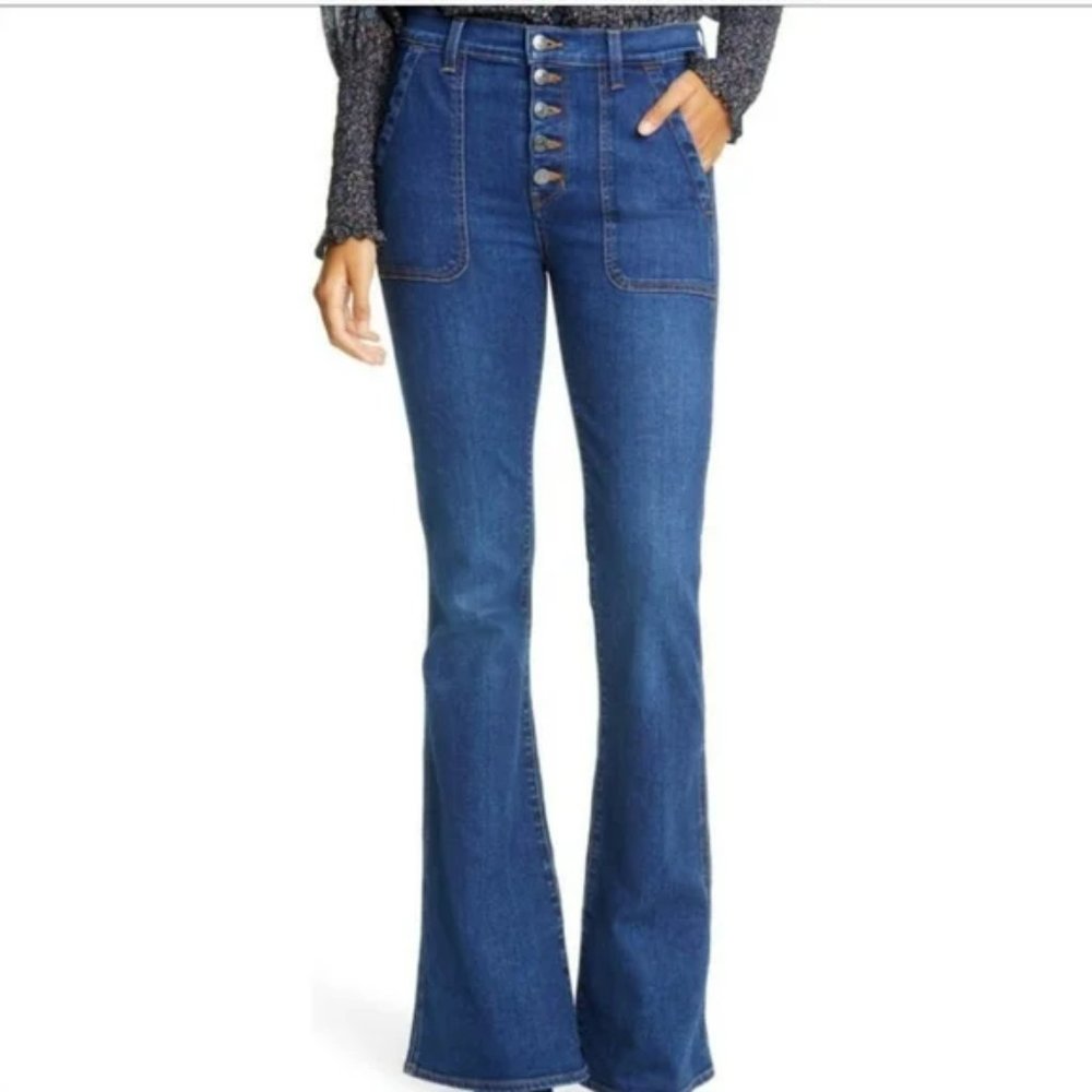 Veronica Beard Bright Blue Beverly High Rise Skinny Flare Button Fly Jeans
